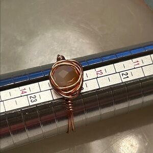 Elegant Copper Wire Wrapped Ring with two tone faceted beige bead Large sz 13